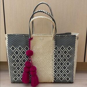 Mexican Mercado Black and Cream Tote Bag with Pink Tassel